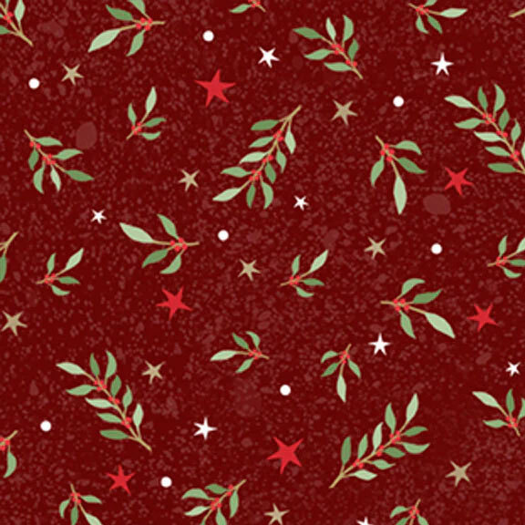 Burgundy fabric with tossed stars, polka dots, and sprigs of mistletoe on a textured background.