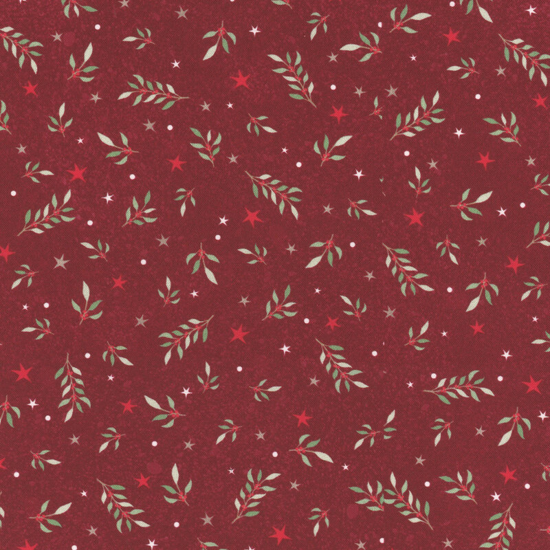 Burgundy fabric with tossed stars, polka dots, and sprigs of mistletoe on a textured background.