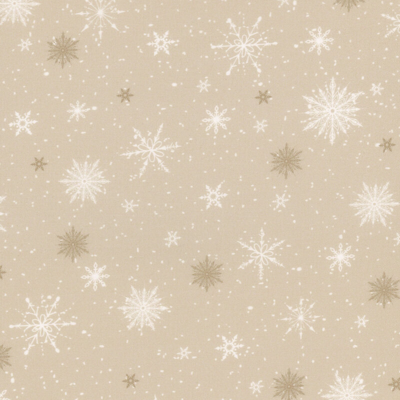 Light tan fabric with various sized unique snowflakes on a pinprick starry background.