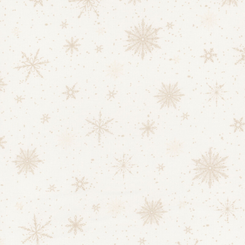 White fabric with various sized unique snowflakes on a pinprick starry background.