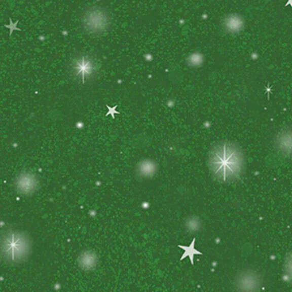 Green fabric with tossed stars and blurry circles of light on a textured background.