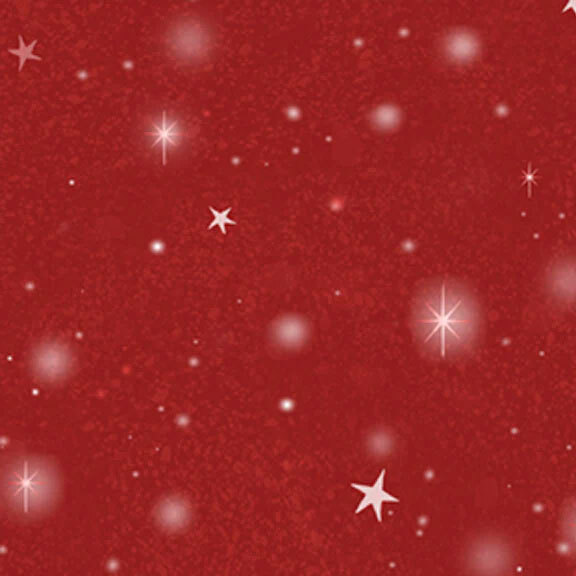 Red fabric with tossed stars and blurry circles of light on a textured background.