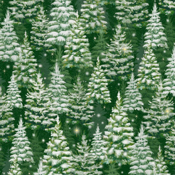 Green fabric an overlapping design of trees covered in snow with blurry snowflakes and stars dotting the trees.