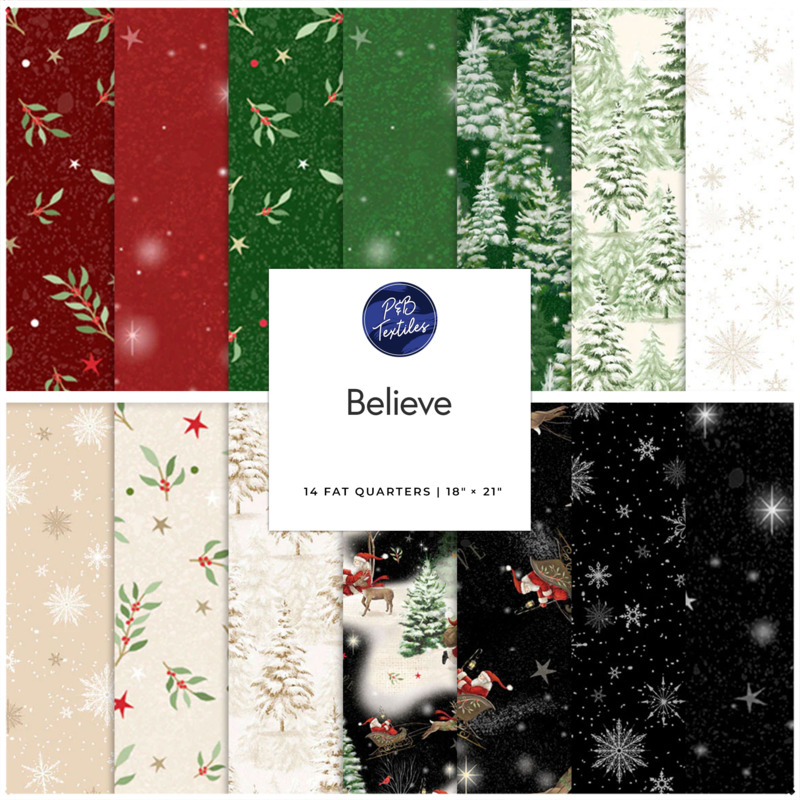 A collage of red, green, cream, and black Christmas fabrics included in the Believe FQ Set.