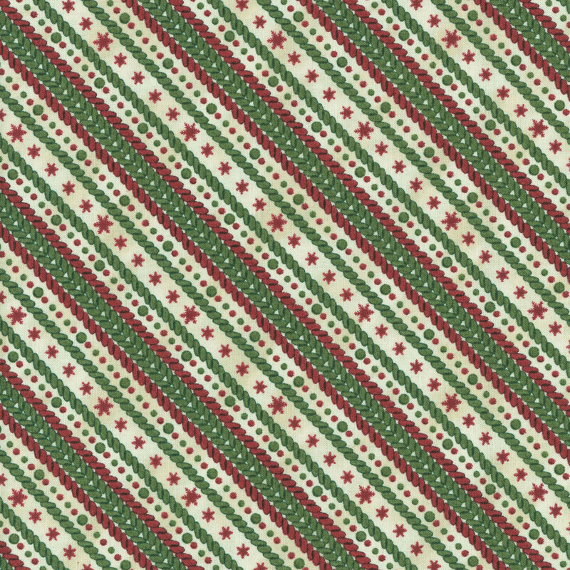 Diagonal fabric pattern featuring alternating red and green stripes, dotted lines, and star motifs.
