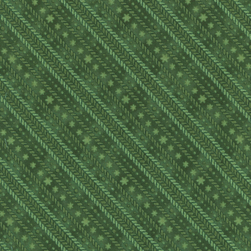 Textured green fabric featuring diagonal stripes with leaves and small floral designs.