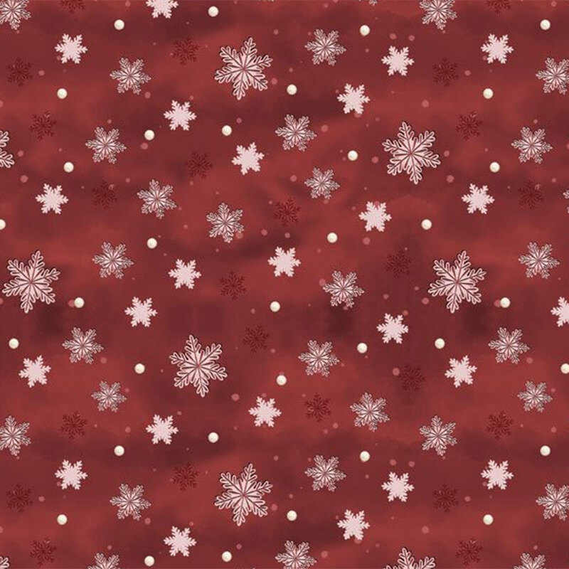 Red fabric with white snowflakes and small cream-colored dots scattered throughout.