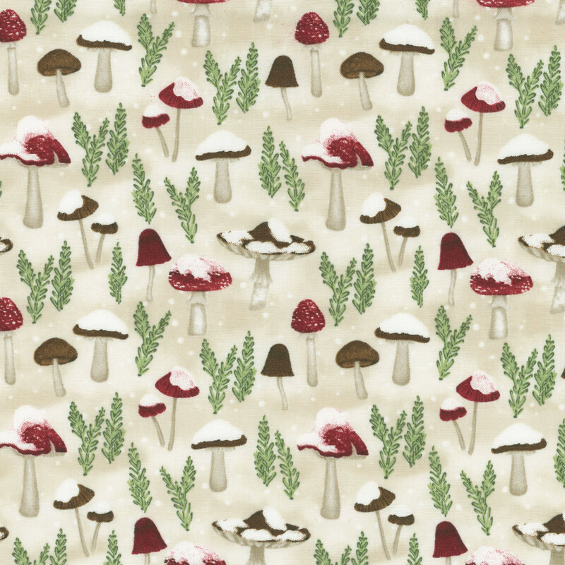 A fabric featuring various mushrooms and green ferns on a light cream background.
