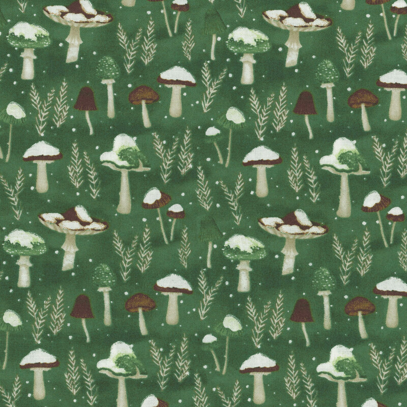 A fabric featuring various mushrooms and leaves on a dark green background.