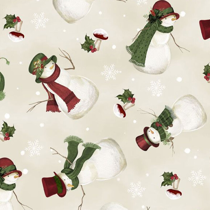 A festive fabric featuring snowmen wearing hats and scarves, surrounded by holly and snowflakes on a cream background.