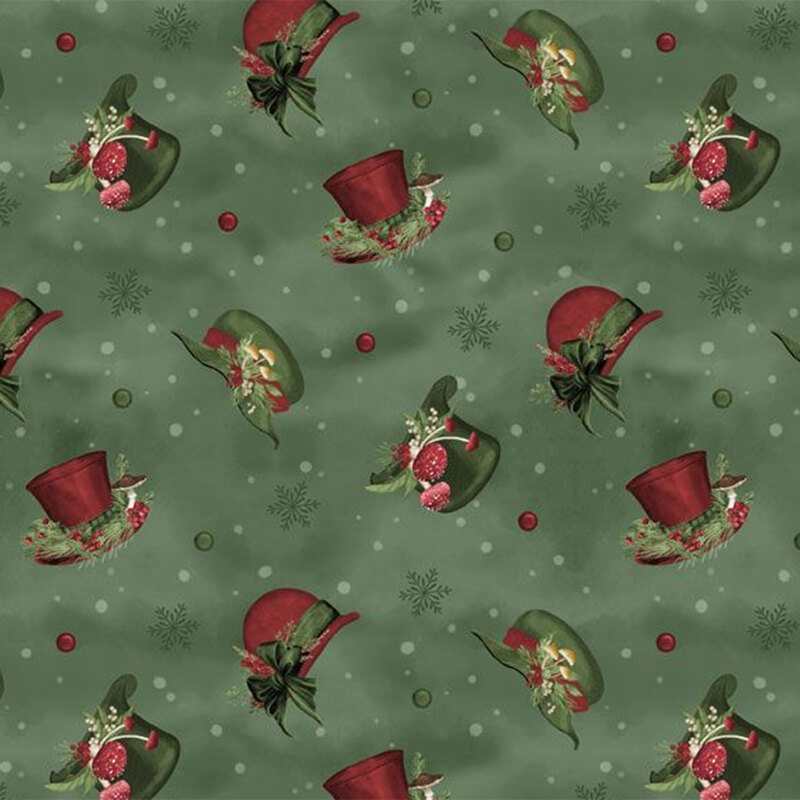 A repeating pattern of tossed snowman hats adorned with flowers on a green background with festive accents.