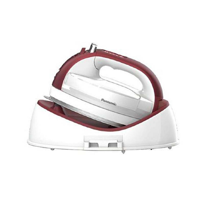 The Cordless Advanced Ceramic Quilting Iron - Red on its rest, isolated on a white background.