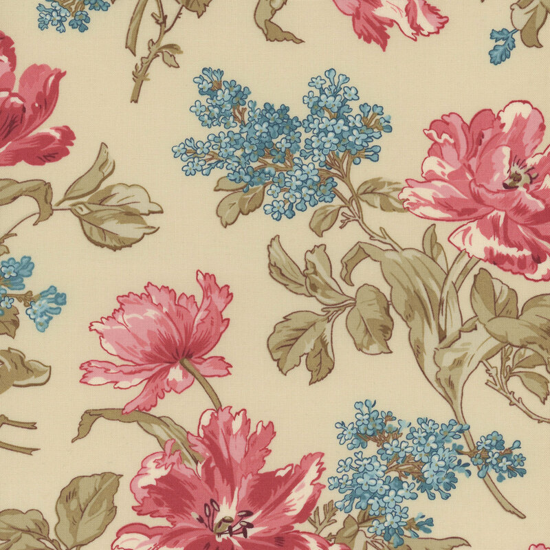 A floral pattern featuring large pink and red flowers with green leaves, accompanied by clusters of small blue flowers, set against a light beige background.