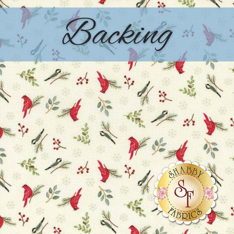 Patterned fabric with red cardinals and greenery on a light background, labeled Backing.