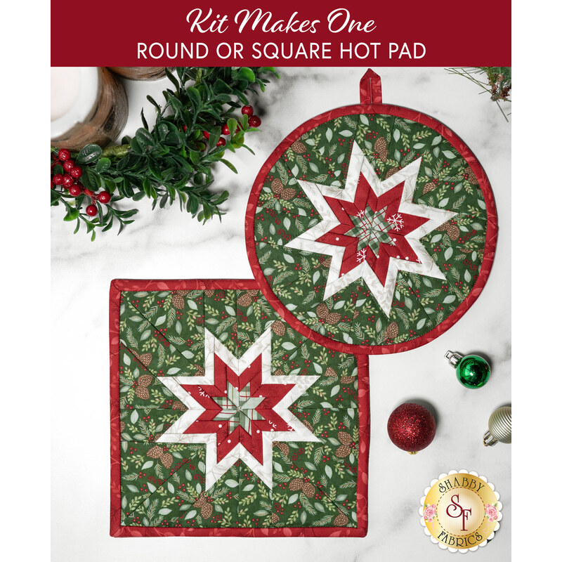 Image of a round and square hot pad with a festive star design in red, white, and green, surrounded by holiday decor.