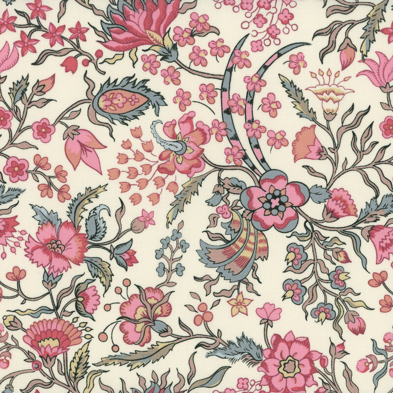 Cream fabric with a detailed blue, pink, butter yellow, and khaki green pattern of tapestry florals.