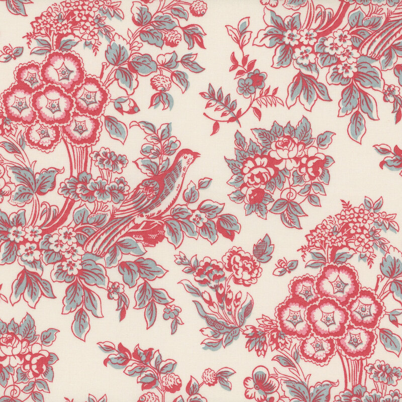 Cream fabric with pink and powder blue birds and Jacobean florals.