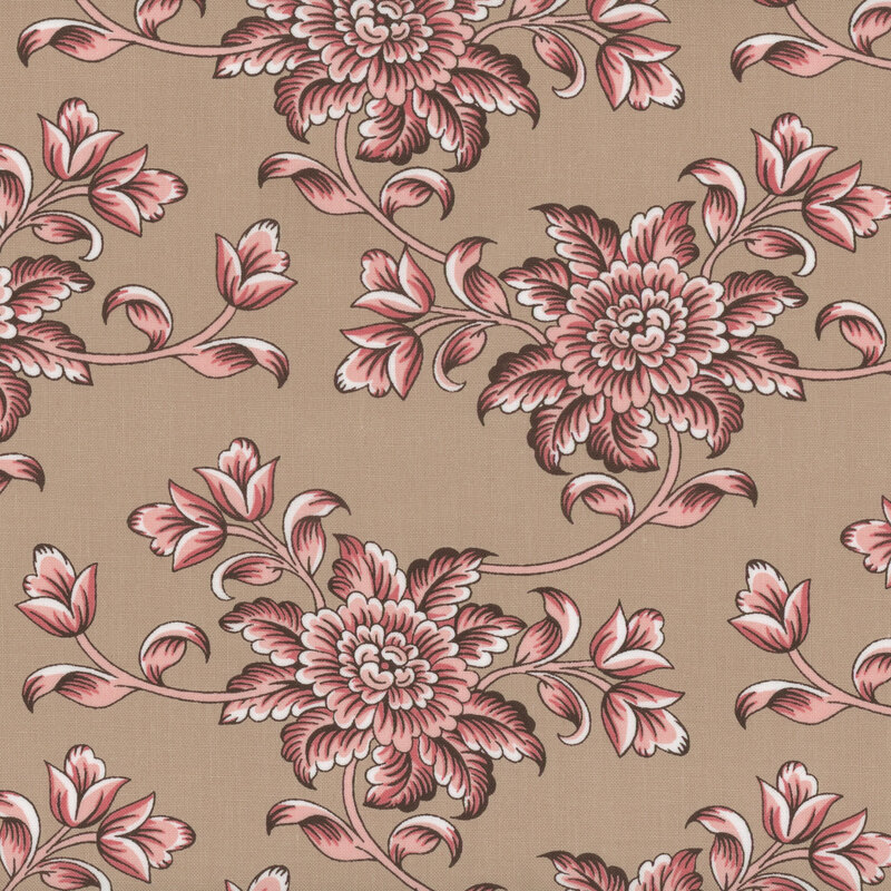 Dusty brown fabric with large pink and white tapestry florals and leaves.