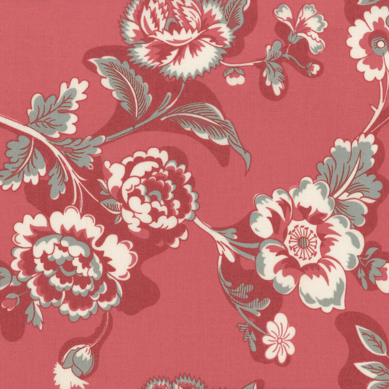 Dusty dark pink fabric with cream and powder blue tapestry florals.