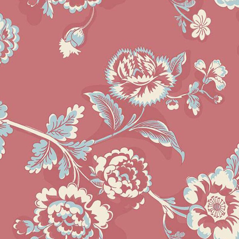 Dusty pink fabric with cream and powder blue tapestry florals.