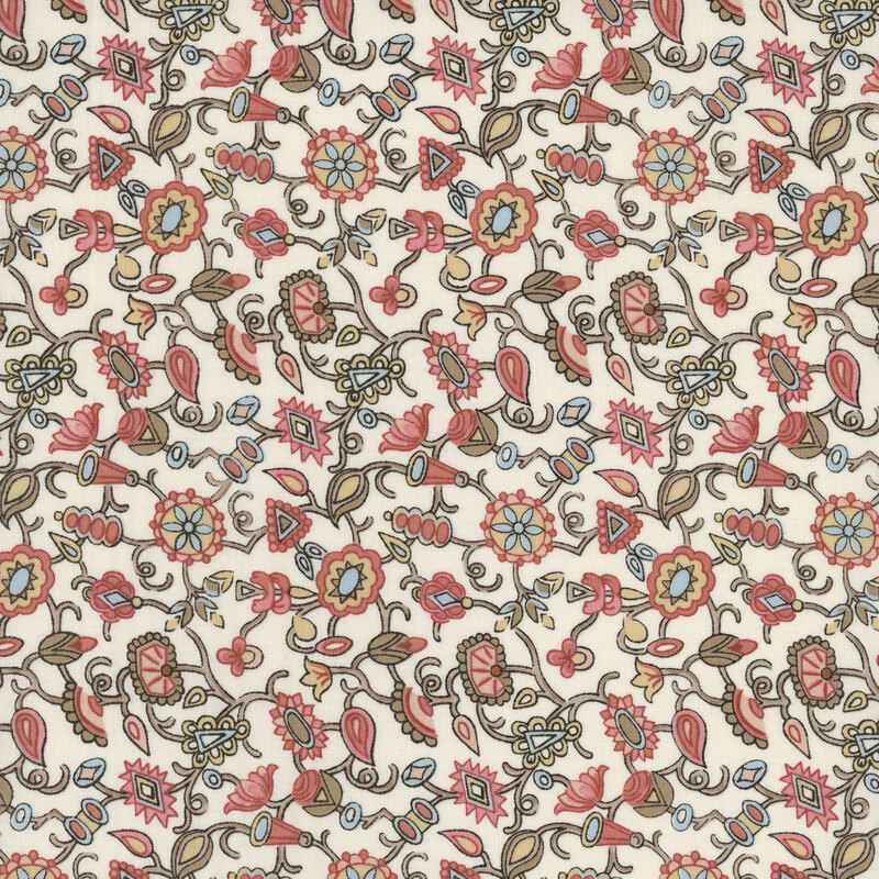 Cream fabric with a multicolor chintz floral pattern.