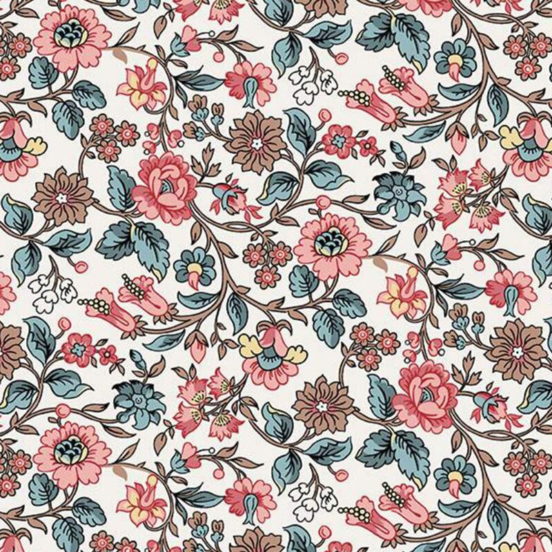 White fabric with a detailed blue, pink, butter yellow, and khaki green floral pattern.