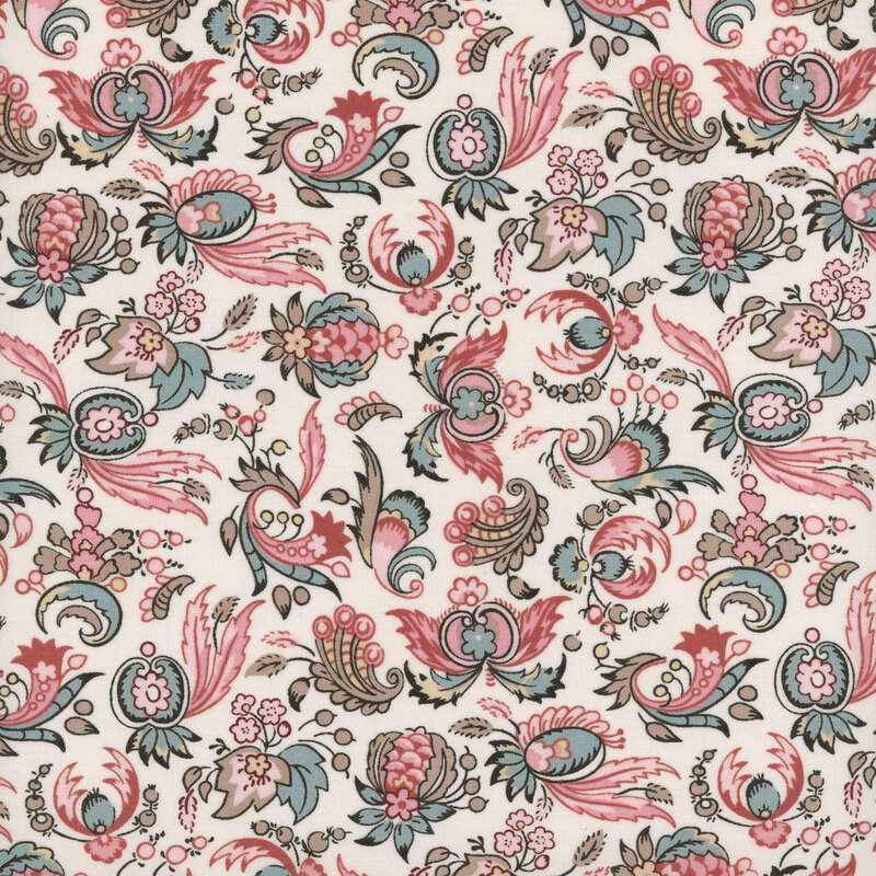 Cream fabric with a blue, pink, butter yellow, and khaki green chintz floral pattern.