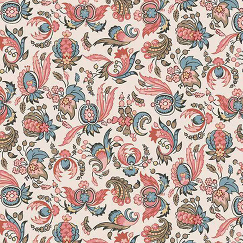 Cream fabric with a blue, pink, butter yellow, and khaki green chintz floral pattern.