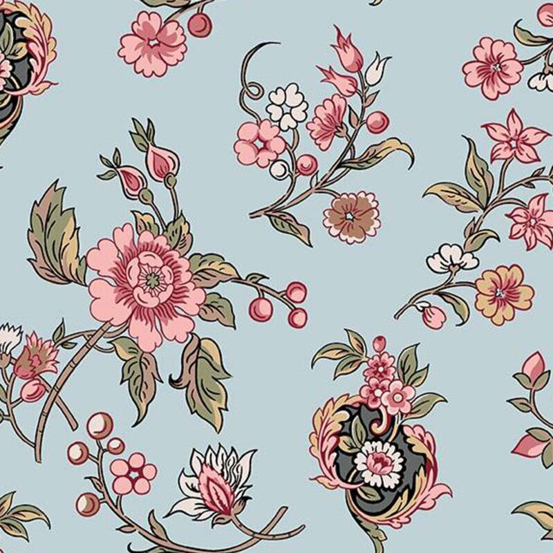 Powder blue fabric with large tossed florals in light pink, sage green, butter yellow, and light brown.