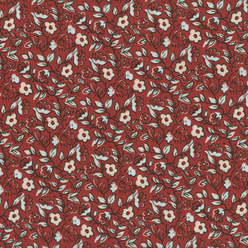 Brick red fabric with a swirling floral pattern in powder blue and cream.