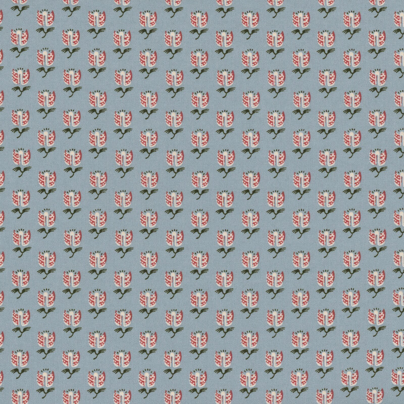 Dusty sky blue fabric with small tapestry florals in pink and white.