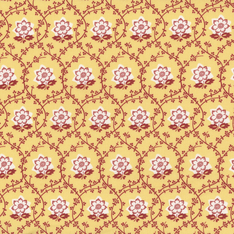 Daisy yellow fabric with dark pink vines and white flowers.