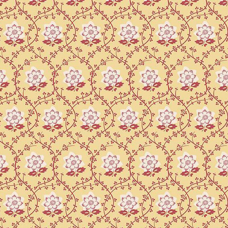 Daisy yellow fabric with dark pink vines and white flowers.