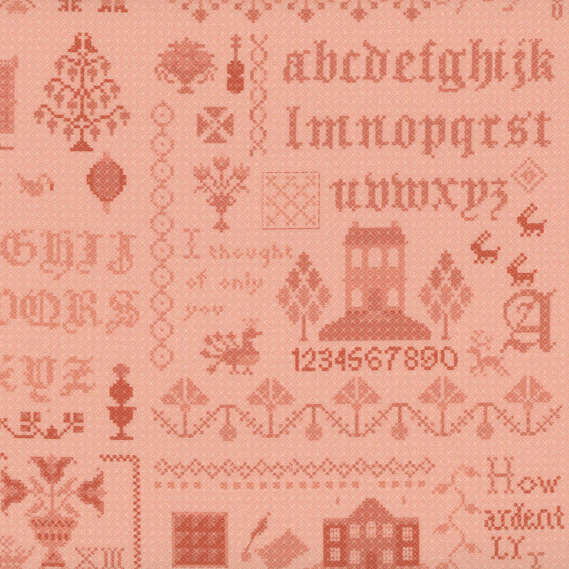 Coral fabric with cross stitch motifs like the alphabet as well as characters and scenes from Pride & Prejudice.