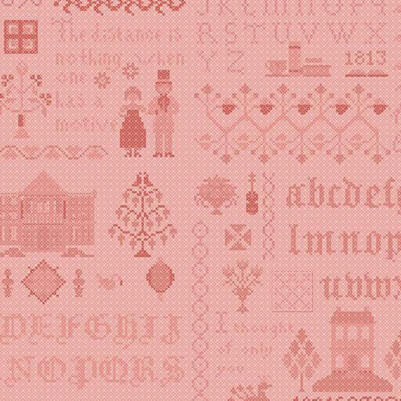 Coral fabric with cross stitch motifs like the alphabet as well as characters and scenes from Pride & Prejudice.