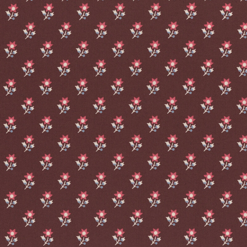 Purplish brown fabric with pink, white, and gray blue flowers.