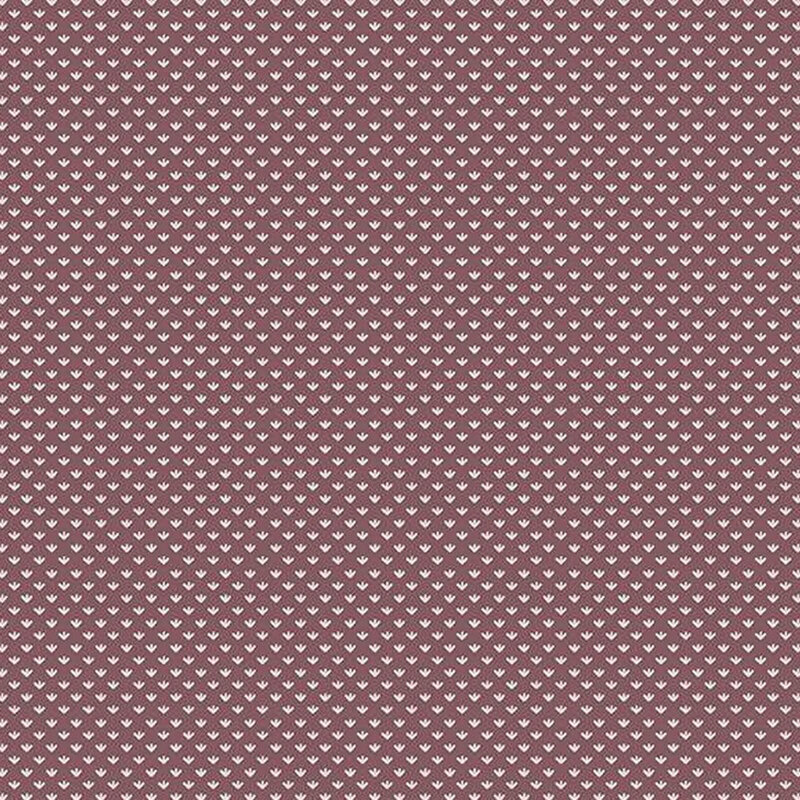 Fabric with tiny white florets on a dark mauve background.