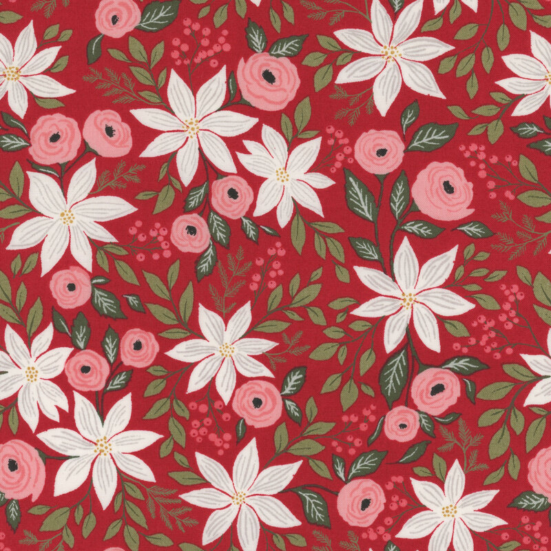 Red fabric with white poinsettias, pink flowers, and green leaves and holly berries.