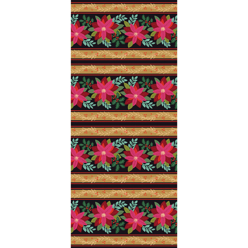 Colorful floral pattern featuring pink poinsettias, green leaves, and decorative tan stripes on a dark background.