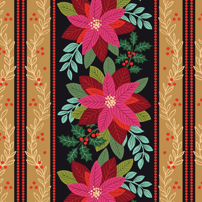 Colorful floral pattern featuring pink poinsettias, green leaves, and decorative tan stripes on a dark background.