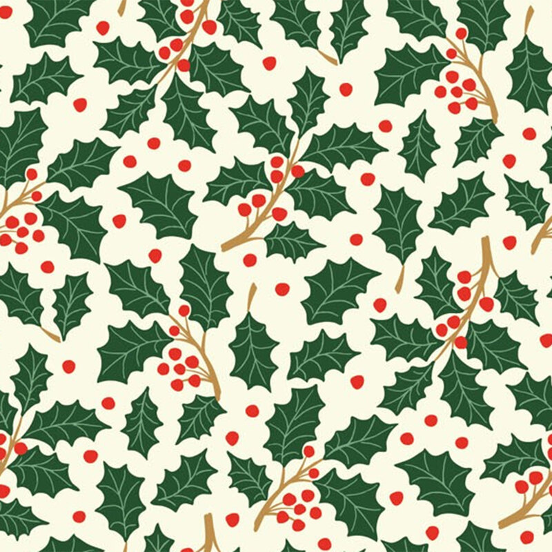 Fabric with green holly leaves and red berries on a creamy background.