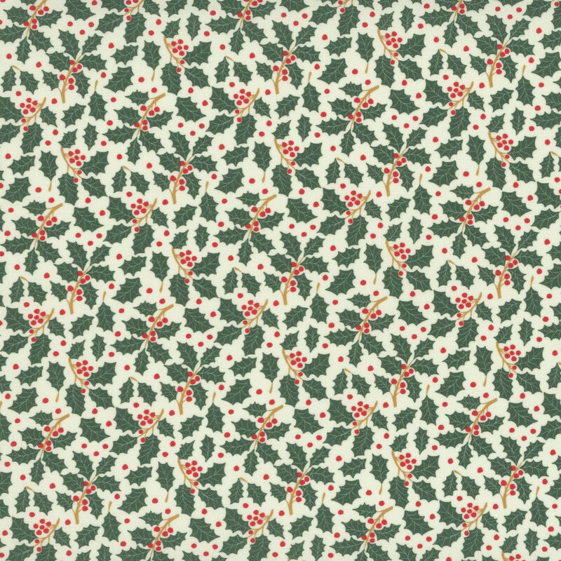 Fabric with green holly leaves and red berries on a creamy background.