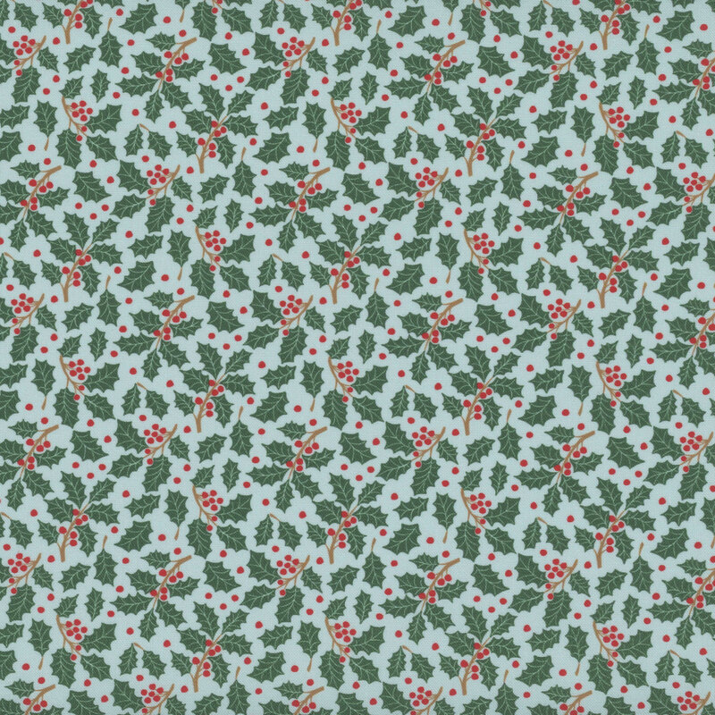 Fabric with green holly leaves and red berries on a muted aqua background.