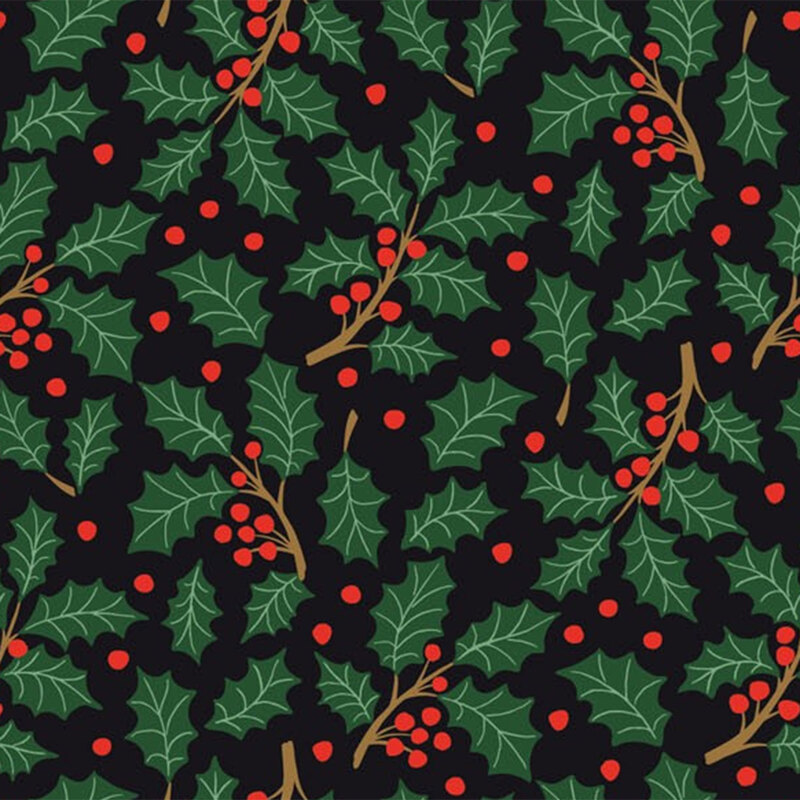 Fabric with green holly leaves and red berries on a black background.