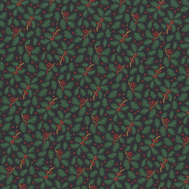 Fabric with green holly leaves and red berries on a black background.