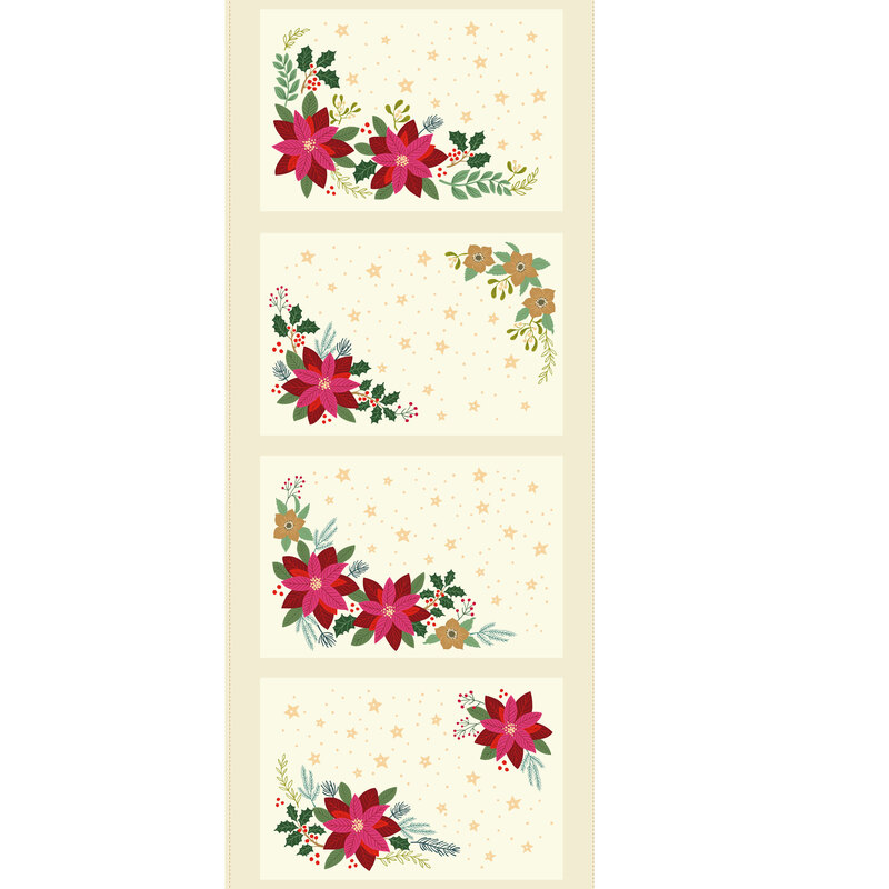 Fabric panel with four illustrated floral card designs with red flowers, greenery, and gold stars on a light background.