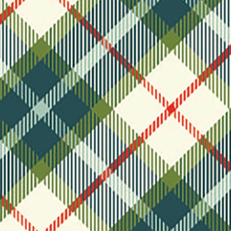 Green and cream plaid fabric with red accents throughout