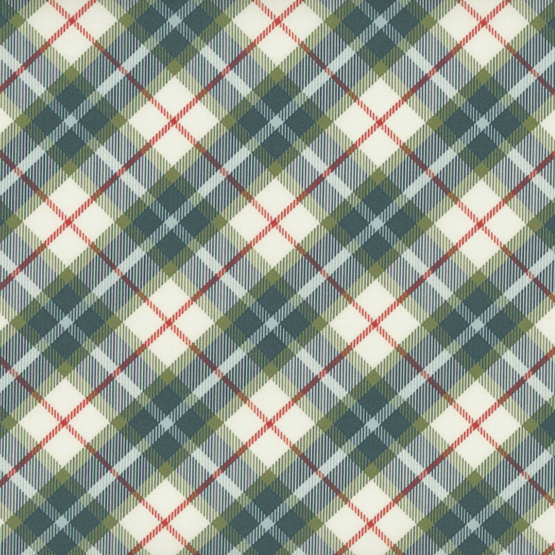 Green and cream plaid fabric with red accents throughout