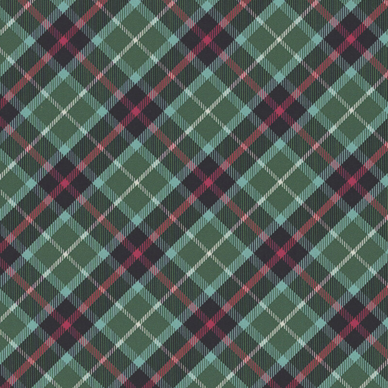 Green and black plaid fabric with red accents