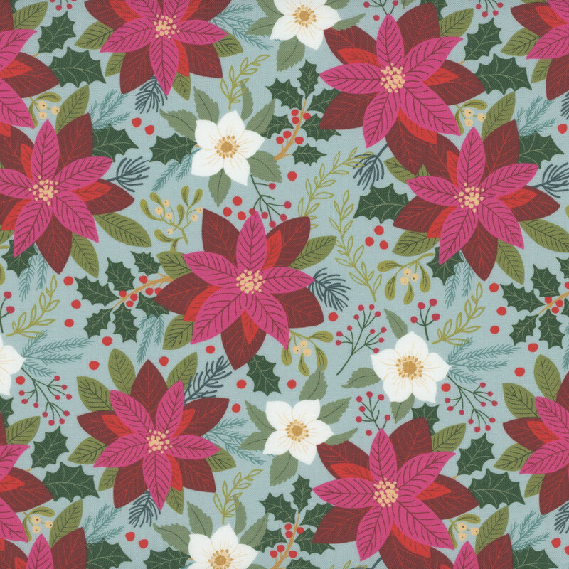 Floral pattern featuring pink and red poinsettias, holly, and green leaves on a muted aqua background.